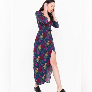 NEW American Apparel Floral Printed Long Sleeve Boho Wrap Midi Maxi Dress XS